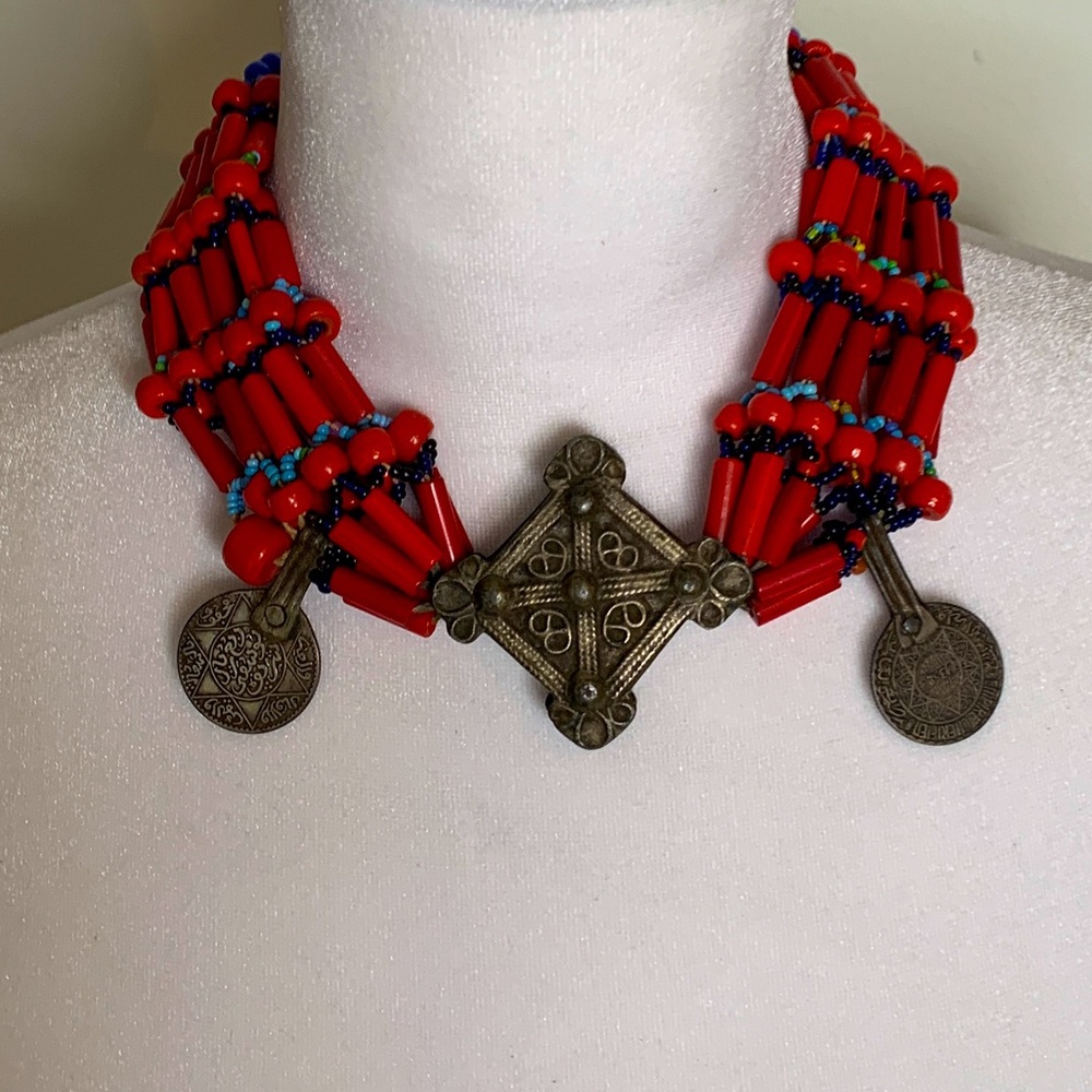 Antique Moroccan Berber Coral and Bead Choker Necklace